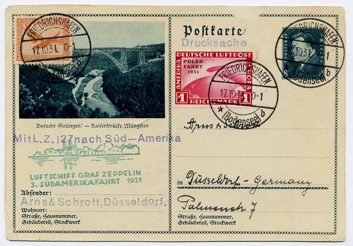German Empire 1931 - Zeppelin LZ 127 - 3rd South America Flight : 8 Pf card - 1 RM stamp variant - Michel 229 a + 231 I - Sieger 133 D