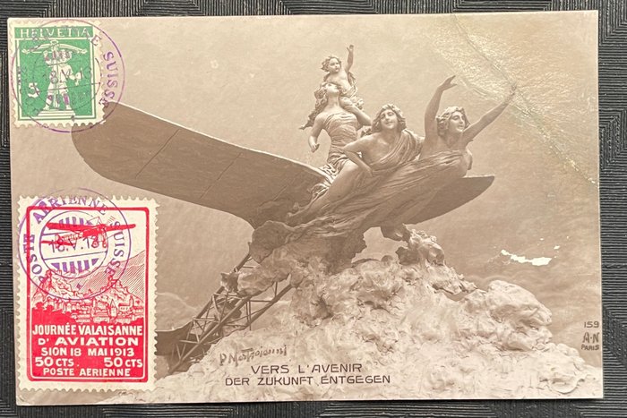 Suisse 1913 - Swiss Airmail Sion Xa, original entire postal item, genuinely flown