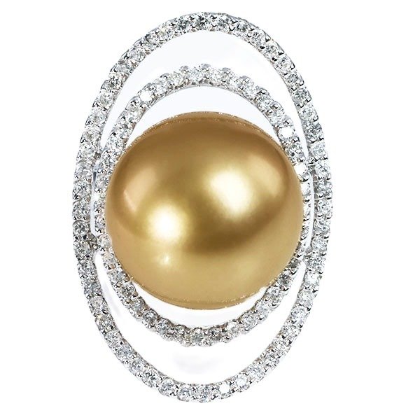 戒指 - 14K包金 白金, IGI 认证金色南海珍珠和钻石 珍珠 - 钻石 