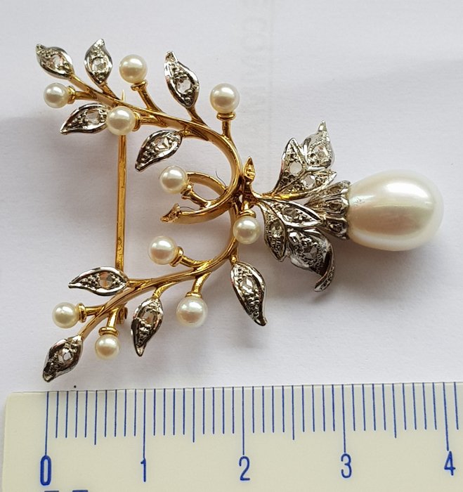 Image 2 of 18 kt. Platinum, Yellow gold - Brooch Natural Pearl - Diamonds
