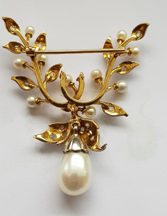 Image 3 of 18 kt. Platinum, Yellow gold - Brooch Natural Pearl - Diamonds