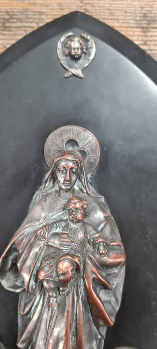 Image 2 of Stoup, Virgin and child, Leopold Oudry House (1854-1882?) - Bronze (silvered) - Second half 19th ce