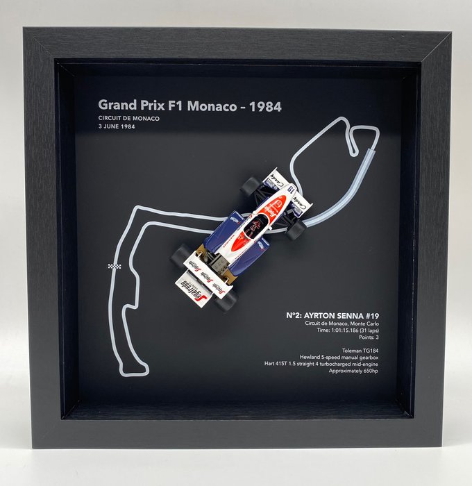 Preview of the first image of Decorative object - FRAMEDWHEELS - GP MONACO 1984 AYRTON SENNA #19 - Toleman.