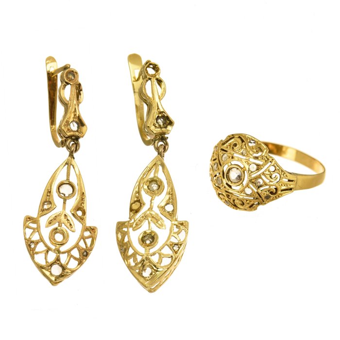 Preview of the first image of 18 kt. Gold - Earrings, Ring, Set - Diamonds.