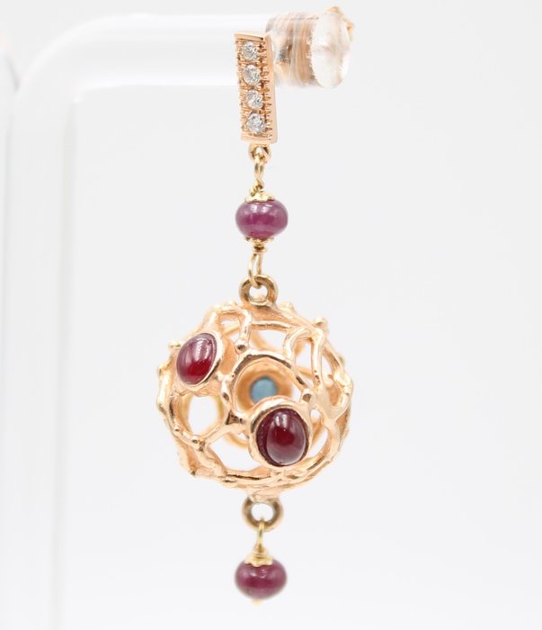 Image 2 of 18 kt. Pink gold - Earrings - Diamonds, Rubies, Sapphires
