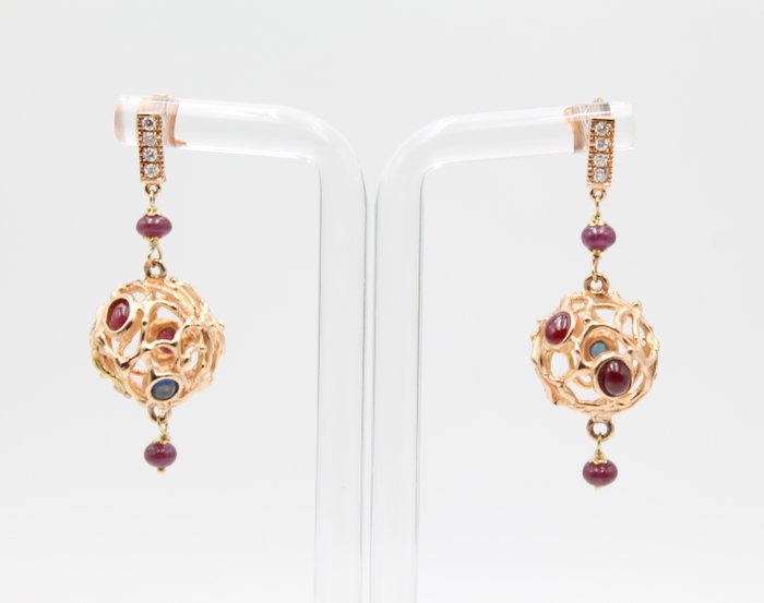 Preview of the first image of 18 kt. Pink gold - Earrings - Diamonds, Rubies, Sapphires.