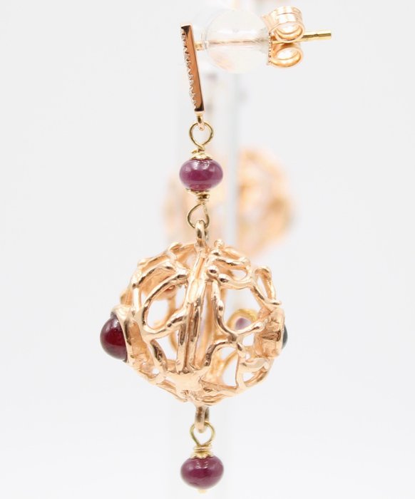 Image 3 of 18 kt. Pink gold - Earrings - Diamonds, Rubies, Sapphires