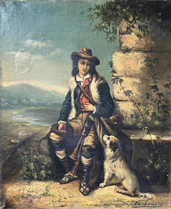 Preview of the first image of Scuola europea (XIX) - Giovane zampognaro con cane.