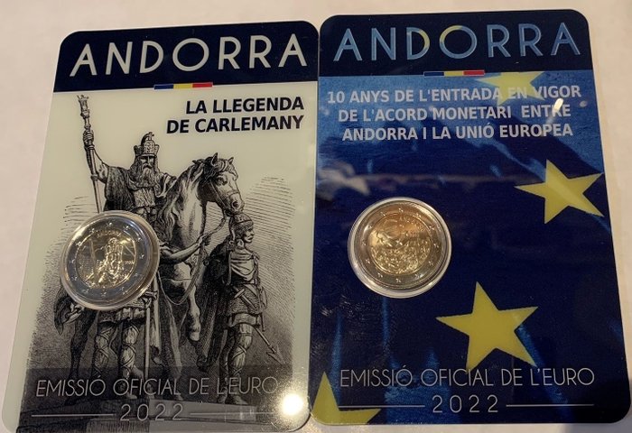 Andorra. 2 Euro 2022 "Karel de Grote" + "EU" (2 verschillende)