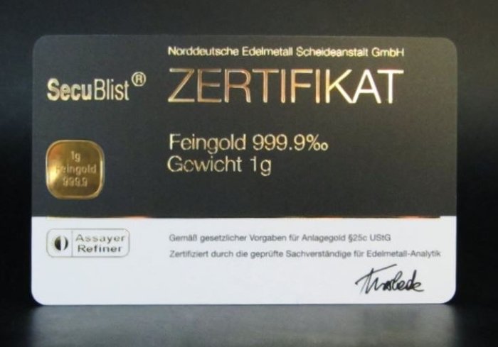 1 gram - Gull - NES - Forseglet og med sertifikat  (Ingen reservasjonspris)