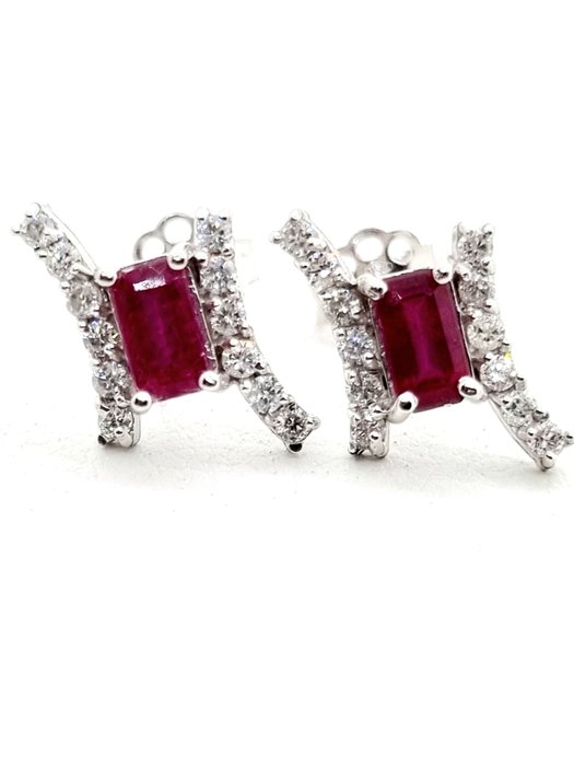 Preview of the first image of 18 kt. White gold - Earrings - 0.92 ct Ruby - Diamonds.