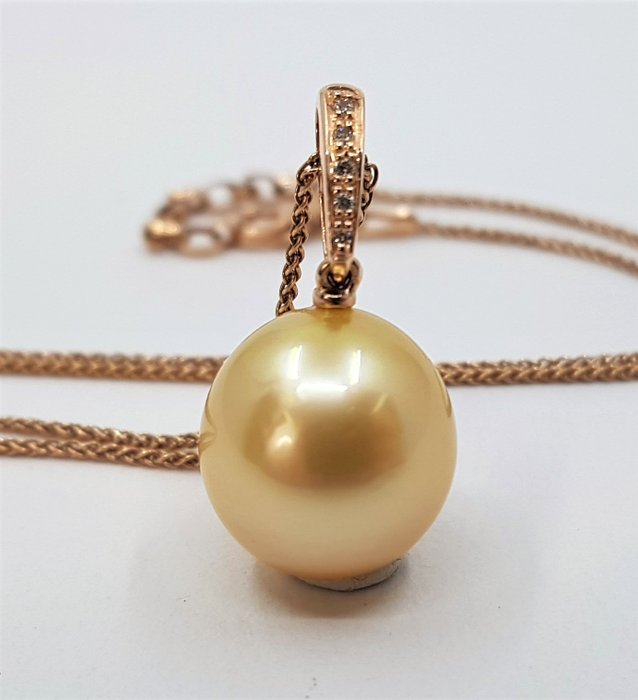 11x12mm Deep Golden South Sea Pearl - 0.04 ct - Necklace with pendant Rose gold 