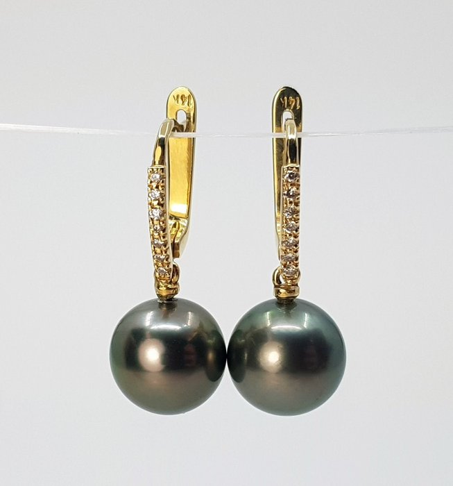 Image 3 of 10x11mm Peacock Tahitian Pearls - 14 kt. Yellow gold - Earrings - 0.11 ct