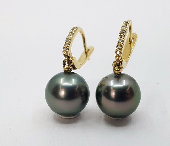 Preview of the first image of 10x11mm Peacock Tahitian Pearls - 14 kt. Yellow gold - Earrings - 0.11 ct.
