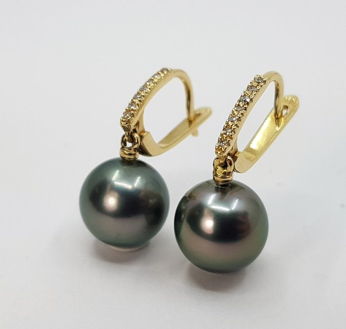 Image 2 of 10x11mm Peacock Tahitian Pearls - 14 kt. Yellow gold - Earrings - 0.11 ct