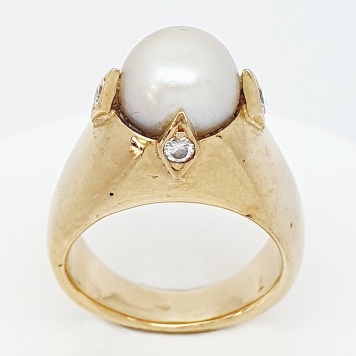 7.5mm - 18 kt Gelbgold - Ring Akoya-Perle - Diamanten