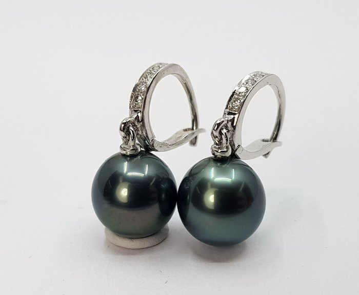Preview of the first image of 9x10mm Peacock Tahitian Pearl Drops - 14 kt. White gold - Earrings - 0.09 ct.
