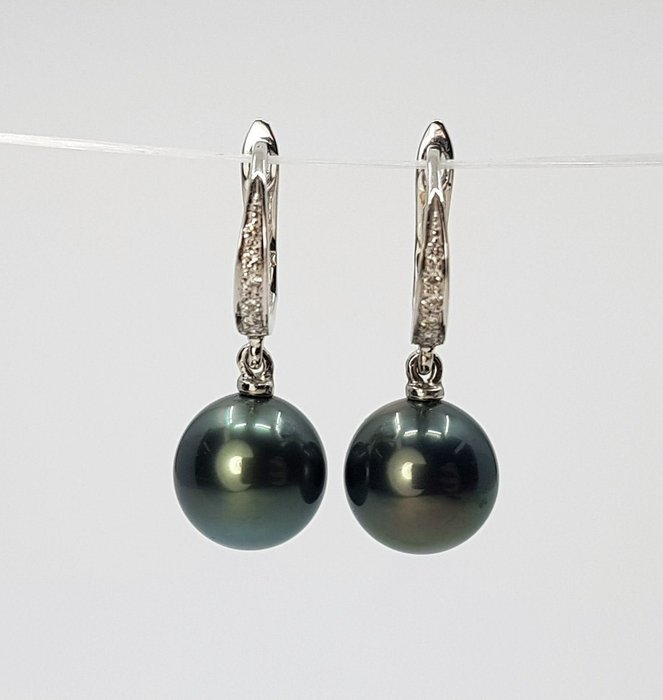 Image 3 of 9x10mm Peacock Tahitian Pearl Drops - 14 kt. White gold - Earrings - 0.09 ct