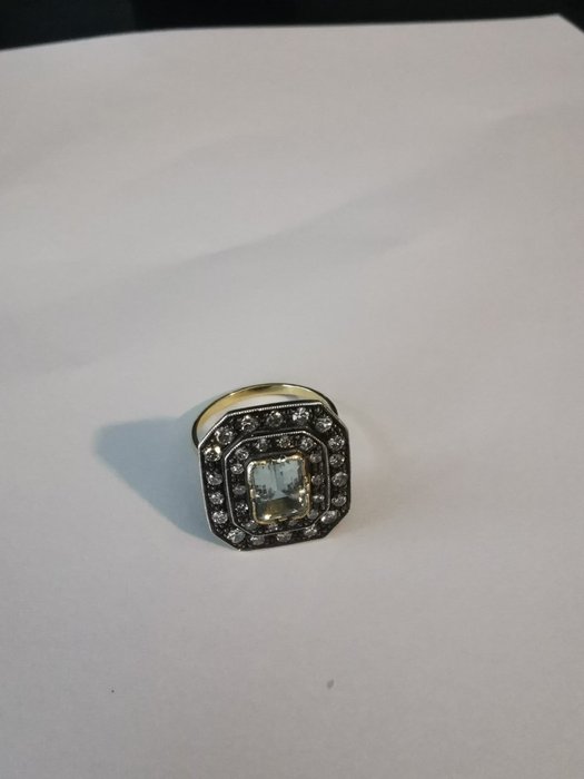 Preview of the first image of 18 kt. Gold, Silver - Ring - 1.60 ct Aquamarine - Diamonds.
