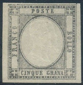 Provinces napolitaines 1861 - Vittorio Emanuele II, 5 grana. Essai rare en noir - CEI P26