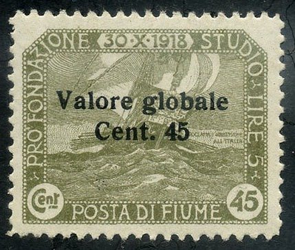 Preview of the first image of Fiume 1920 - Valor Globale, 45 centesimi con soprastampa in grassetto - Sassone N. 112.