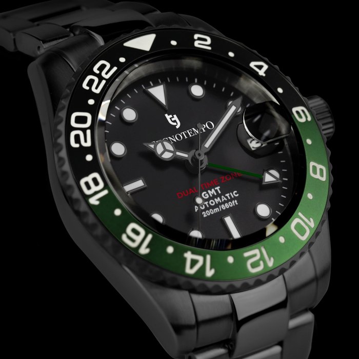 Tecnotempo®  Automatic GMT "Dual Time Zone" 20ATM WR - Limited Edition - - - Zonder Minimumprijs - TT.200GMT.NNVO (Black / Green) - Heren - 2011-heden