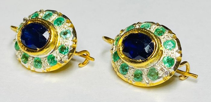 Image 2 of 14 kt. Silver, Yellow gold - Earrings - 1.50 ct Sapphire - Emeralds