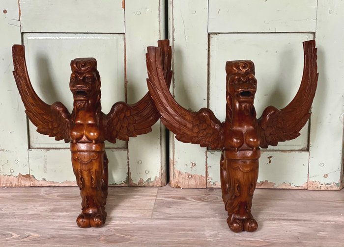 Preview of the first image of Sculpture, winged dragons - 41 cm (2) - Wood - Late 19th century.