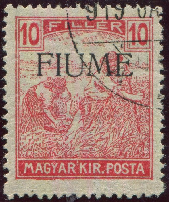 Preview of the first image of Fiume 1918 - Harvesters 10 filler carmine with machine overprint. Rare. With certificate. - Sassone.