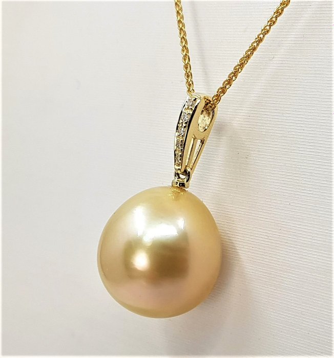 Image 3 of 13x14mm Deep Golden South Sea Pearl - 14 kt. Yellow gold - Pendant - 0.04 ct