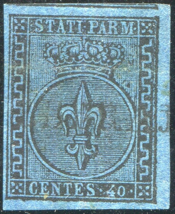 Preview of the first image of Italian Ancient States - Parma 1852 - Bourbon fleur-de-lis, 40 cents light azure with wide margins..