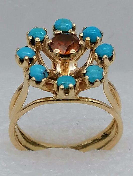 Image 2 of 5.4g - 18 kt. Yellow gold - Ring - 0.80 ct Citrine - Turquoises