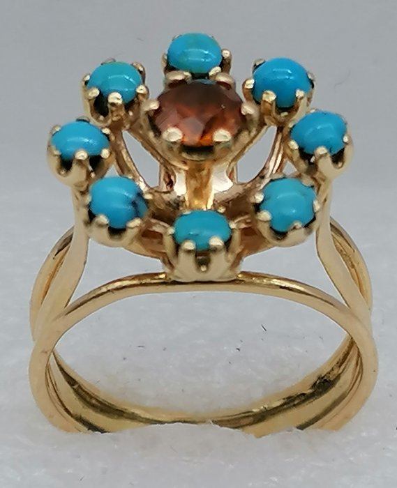 Image 3 of 5.4g - 18 kt. Yellow gold - Ring - 0.80 ct Citrine - Turquoises