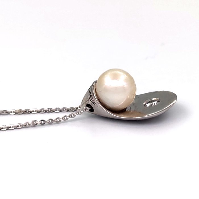 Image 3 of Salvini - 18 kt. White gold - Necklace with pendant Diamond - Akoya pearl 6.64mm