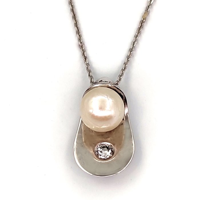 Image 2 of Salvini - 18 kt. White gold - Necklace with pendant Diamond - Akoya pearl 6.64mm