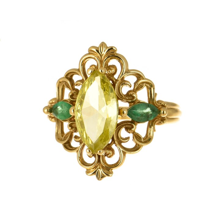 Preview of the first image of 18 kt. Gold - Ring - 4.00 ct Peridot - Emeralds.