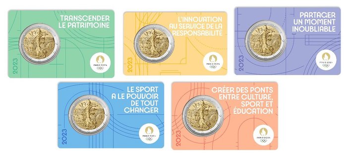 Franța. 2 Euro 2023 "Olympische Spelen 2024 Parijs" (5 coincards)  (Fără preț de rezervă)