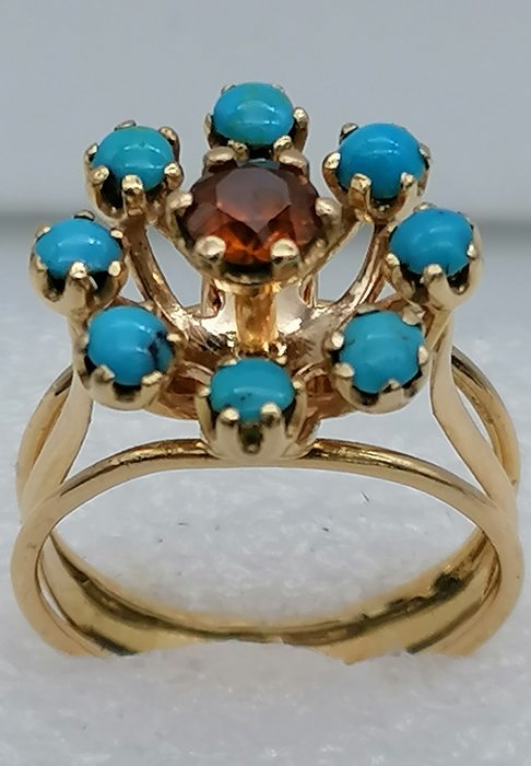 Preview of the first image of 5.4g - 18 kt. Yellow gold - Ring - 0.80 ct Citrine - Turquoises.