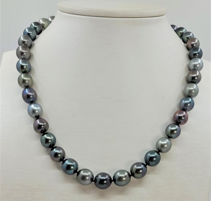 Image 2 of no reserve - Certified Aurora Peacock - 8.0x10.9mm Multi Tahitian Pearls - 14 kt. White gold - Neck