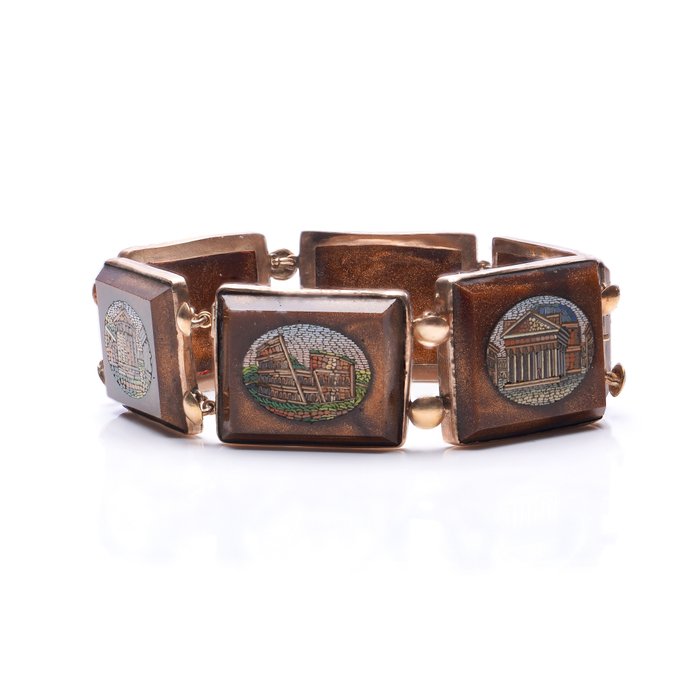 Preview of the first image of Antique micro mosaic with goldstone, depicting historic sites in Rome - 9 kt. Gold - Bracelet.