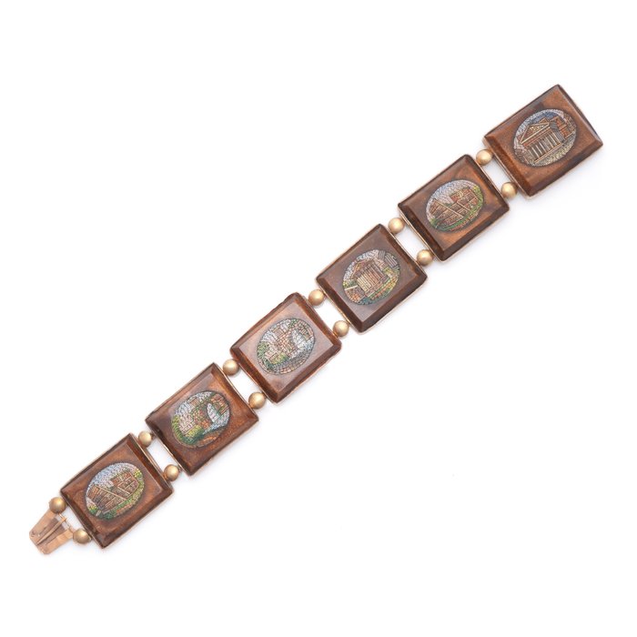 Image 3 of Antique micro mosaic with goldstone, depicting historic sites in Rome - 9 kt. Gold - Bracelet