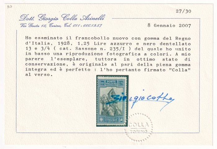 Image 2 of Italy Kingdom 1928 - Em. Filiberto 1,25 l. D. 13 3/4 integro raro lusso Certificato - Sassone n.235