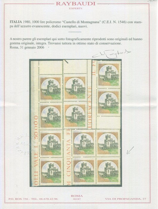 Image 2 of Italian Republic 1980 - Castles, 1000 l. Block of four with evanescent azure print