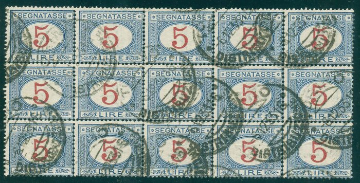 Preview of the first image of Italy Kingdom 1929 - Postage due, 5 lire azure and carmine. Extremely fine block of 15 pieces - Sas.