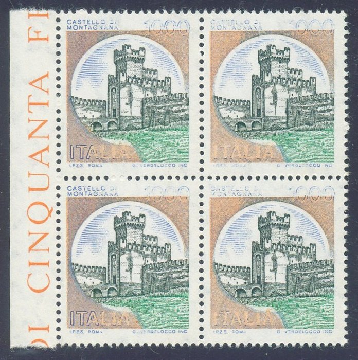 Preview of the first image of Italian Republic 1980 - Castles, 1000 l. Block of four with evanescent azure print.