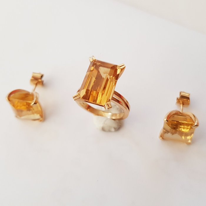 18 kt Gelbgold - Ohrringe, Ring Topase - Diamant