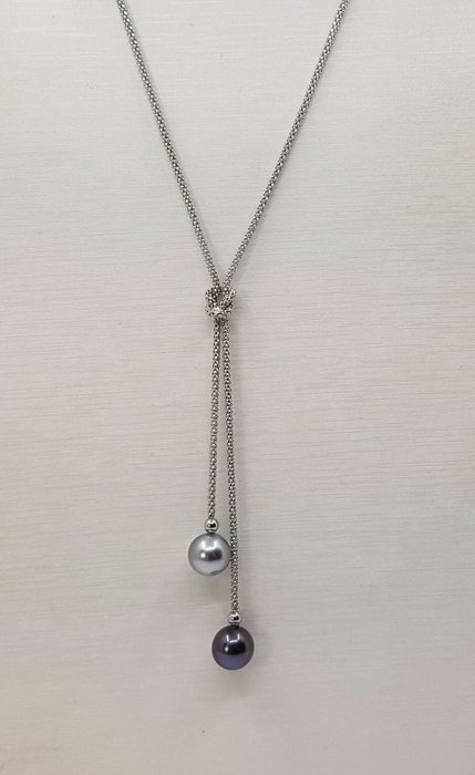 Ohne Mindestpreis - Halskette 8 x 9 mm silberne und pfauenfarbene Tahiti-Perlentropfen – 925er Silber 