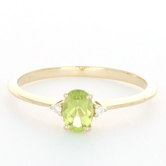 Preview of the first image of No Reserve Price - 18 kt. Yellow gold - Ring - 0.02 ct Diamond - Peridots.
