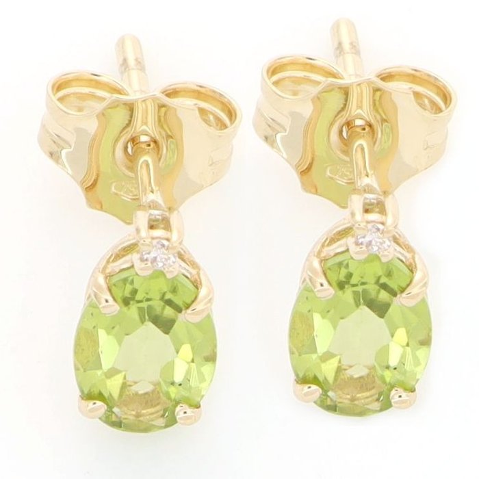 Image 2 of No Reserve Price - 18 kt. Yellow gold - Earrings - 0.02 ct Diamond - Peridots
