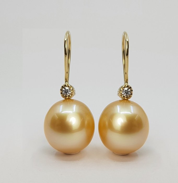 Image 2 of 11mm Golden South Sea Pearls - 14 kt. Yellow gold - Earrings - 0.04 ct
